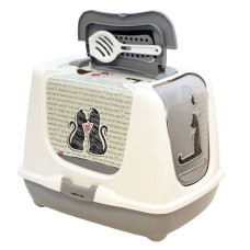 Закрытый туалет для котов Moderna Trendy Cat Cats in Love МОДЕРНА ВЛЮБЛЕННЫЕ КОТЫ c угольным фильтром и совком, светло-серый, 50х39х37 см