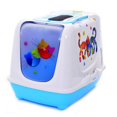 Закрытый туалет для котов Moderna Trendy Cat Friends Forever МОДЕРНА ДРУЗЬЯ НАВЕКИ c угольным фильтром и совком, голубой, 50х39х37 см