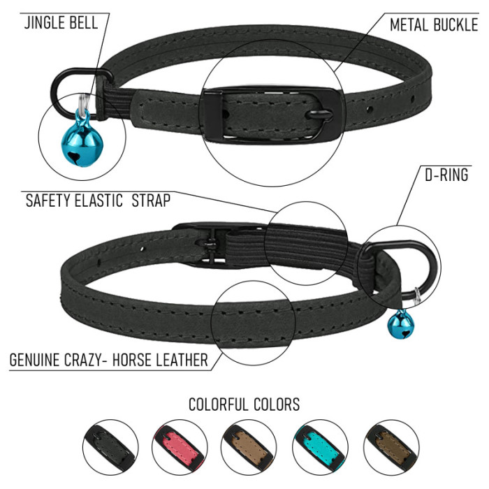 Ошейник для Кошек плоский кожаный Crazy с голубым колокольчиком Ментол, 2XS - 20-25 см