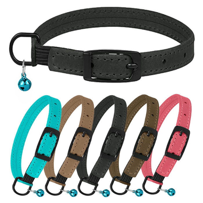 Ошейник для Кошек плоский кожаный Crazy с голубым колокольчиком Ментол, 2XS - 20-25 см