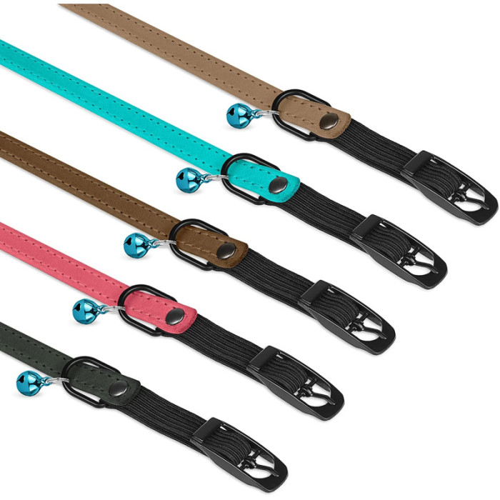 Ошейник для Кошек плоский кожаный Crazy с голубым колокольчиком Ментол, 2XS - 20-25 см