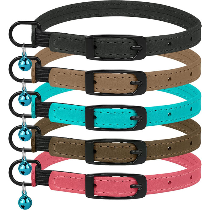 Ошейник для Кошек плоский кожаный Crazy с голубым колокольчиком Ментол, 2XS - 20-25 см