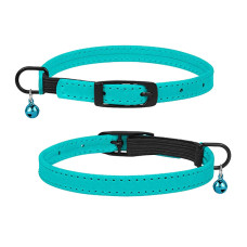 Ошейник для Кошек плоский кожаный Crazy с голубым колокольчиком Ментол, 2XS - 20-25 см