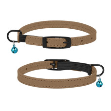 Ошейник для Кошек плоский кожаный Crazy с голубым колокольчиком Беж, 2XS - 20-25 см
