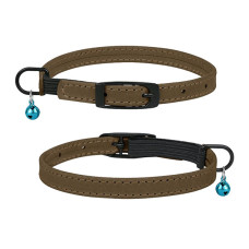 Ошейник для Кошек плоский кожаный Crazy с голубым колокольчиком Олива, 2XS - 20-25 см