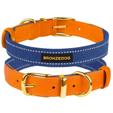 Ошейник для собак Bronzedog Сotton рефлекторный х/б+кожа с ременной пряжкой Синий S 24-33 см