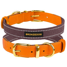 Ошейник для собак Bronzedog Сotton рефлекторный х/б+кожа с ременной пряжкой Черри M 31-40 см