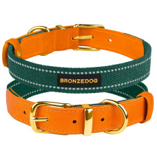 Ошейник для собак Bronzedog Сotton рефлекторный х/б+кожа с ременной пряжкой Зеленый S 24-33 см