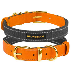 Ошейник для собак Bronzedog Сotton рефлекторный х/б+кожа с ременной пряжкой Графит S 24-33 см