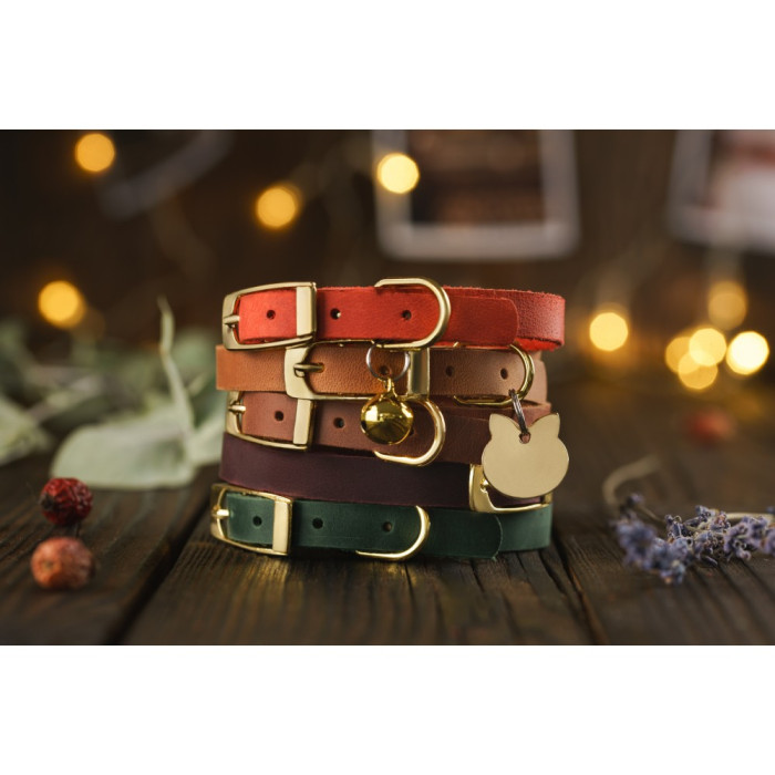 Ошейник для Кошек BronzeDog Crazy кожаный с золотым колокольчиком Бордо S 24-28 см