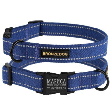 Ошейник для собак Bronzedog Сotton рефлекторный х/б брезент c металлической пряжкой, Синий S 25-33 см