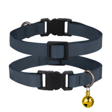 Ошейник кожаный плоский BronzeDog Crazy для Кошек с золотым колокольчиком Темно-синий XS 21-30 см