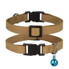 Ошейник кожаный плоский BronzeDog Crazy для Кошек с золотым колокольчиком Горчица XS 21-30 см