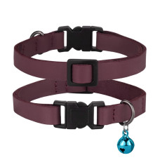 Ошейник кожаный плоский BronzeDog Crazy для Кошек с золотым колокольчиком Бордо XS 21-30 см