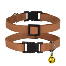 Ошейник кожаный плоский BronzeDog Crazy для Кошек с золотым колокольчиком Светло-коричневый XS 21-30 см