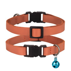Ошейник кожаный плоский BronzeDog Crazy для Кошек с золотым колокольчиком Персик XS 21-30 см