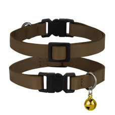 Ошейник кожаный плоский BronzeDog Crazy для Кошек с золотым колокольчиком Олива XS 21-30 см