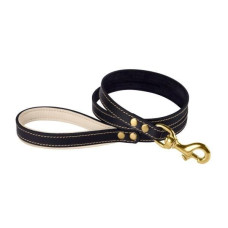 Поводок для собак Кожаный BronzeDog Premium с литой латунной фурнитурой 122 см, Черно-Бежевый S 1,2 см