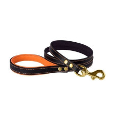 Поводок для собак Кожаный BronzeDog Premium с литой латунной фурнитурой 122 см, Черно-Оранжевый S 1,2 см