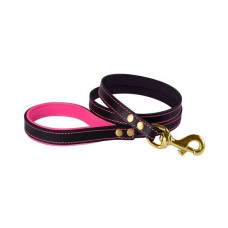 Поводок для собак Кожаный BronzeDog Premium с литой латунной фурнитурой 122 см, Черно-Розовый S 1,2 см