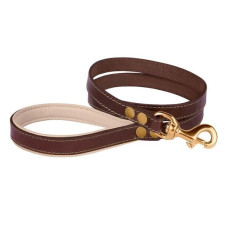 Поводок для собак Кожаный BronzeDog Premium с литой латунной фурнитурой 122 см, Коричнево-Бежевый S 1,2 см