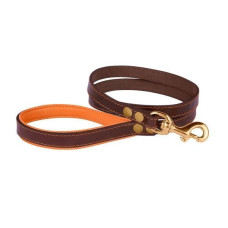 Поводок для собак Кожаный BronzeDog Premium с литой латунной фурнитурой 122 см, Коричнево-Оранжевый S 1,2 см