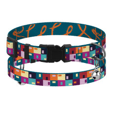 Ошейник для кошек BronzeDog Urban Art нейлоновый с пластиковой пряжкой и колокольчиком Печворк, XS 18-28 см