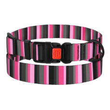 Ошейник для собак BronzeDog Urban нейлоновый в полоску с пластиковой пряжкой, серо-розовый 