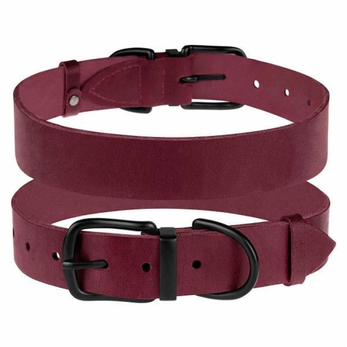 Кожаный ошейник для собак с металлической фурнитурой, бордовый L 38 - 51 см