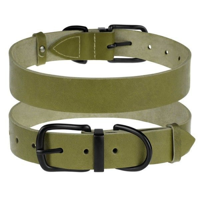 Кожаный ошейник для собак с металлической фурнитурой, оливковый 2XS  19 - 26,5 см