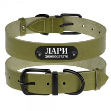 Кожаный ошейник для собак с металлической фурнитурой, оливковый 2XS  19 - 26,5 см