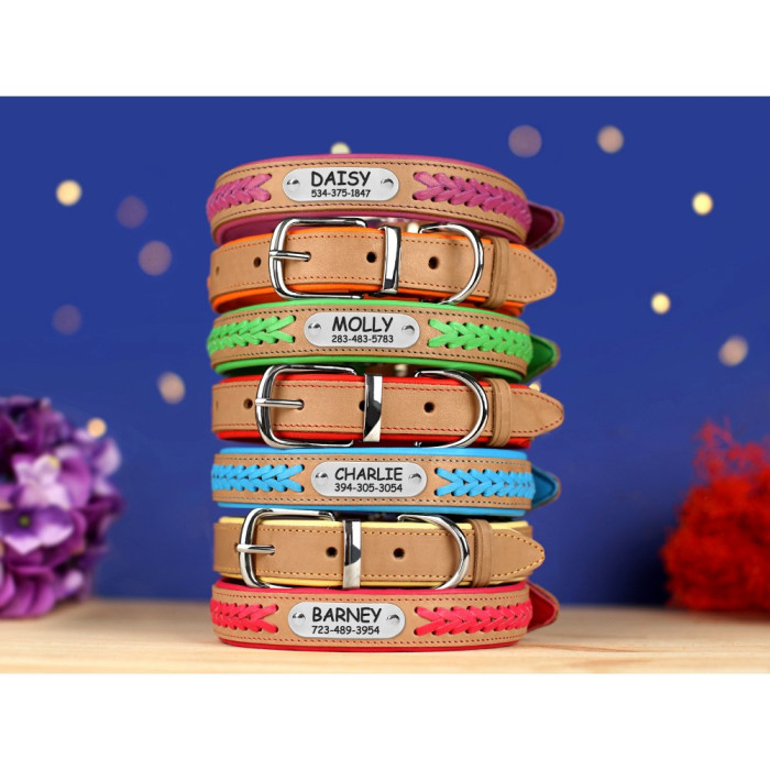 Нашийник для собак шкіряний підклеєний плетений Бежевий хром Помаранчевий XL 43-56 см