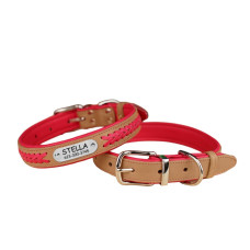 Нашийник для собак шкіряний підклеєний плетений Бежевий хром Рожевий S 28-36 см