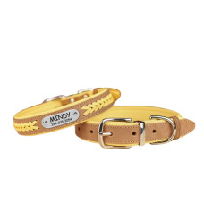 Нашийник для собак шкіряний підклеєний плетений Бежевий хром Жовтий S 28-36 см