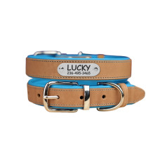 Нашийник для собак шкіряний підклеєний Бежевий хром Блакитний S 28-36 см