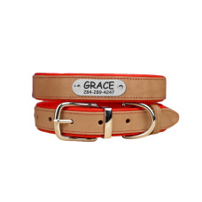 Нашийник для собак шкіряний підклеєний Бежевий хром Червоний S 28-36 см