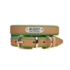 Нашийник для собак шкіряний підклеєний Бежевий хром Зелений S 28-36 см