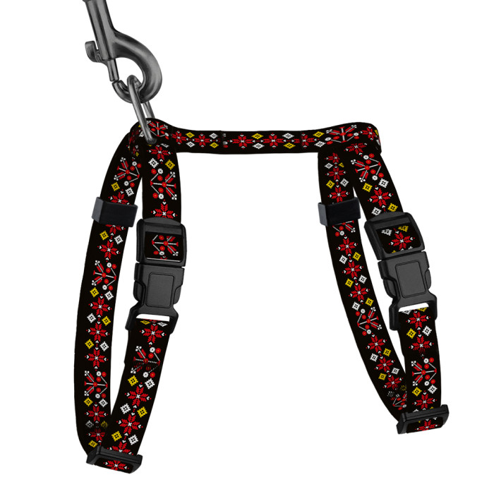 Шлея з Повідцем для Котів та Дрібних Собак Urban з QR-адресником Вишиванка Чорна 2XS 15-25 см 