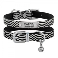 Ошейник для кошек кожаный Classic одинарный с серебряным тиснением Волна, Черный, 2XS 18-25 см