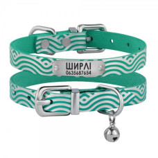 Ошейник для кошек кожаный Classic одинарный с серебряным тиснением Волна, Бирюзовый, 2XS 18-25 см