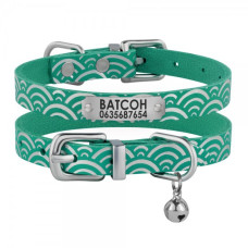 Ошейник для кошек кожаный Classic одинарный с серебряным тиснением Море, Бирюзовый, 2XS 18-25 см