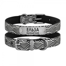 Нашийник для собак шкіряний Classic одинарний з срібним тисненням Хвиля Чорний, XS 18-25 см