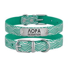 Ошейник для собак кожаный Classic одинарный с серебряным тиснением Волна Бирюзовый, XS 18-25 см