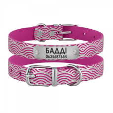 Ошейник для собак кожаный Classic одинарный с серебряным тиснением Волна Розовый, XS 18-25 см