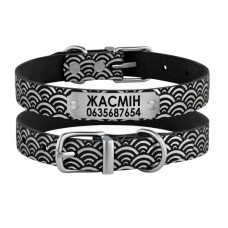 Ошейник для собак кожаный Classic одинарный с серебряным тиснением Море Черный, XS 18-25 см