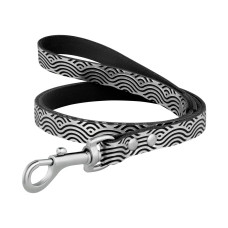 Поводок для собак кожаный Classic одинарный с серебряным тиснением Волна Черный, L 122см, 1,6см