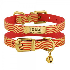 Ошейник для кошек кожаный Classic одинарный с золотым тиснением Волна, Красный, 2XS 18-25 см