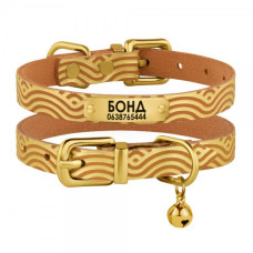 Ошейник для кошек кожаный Classic одинарный с золотым тиснением Волна, Горчичный, 2XS 18-25 см