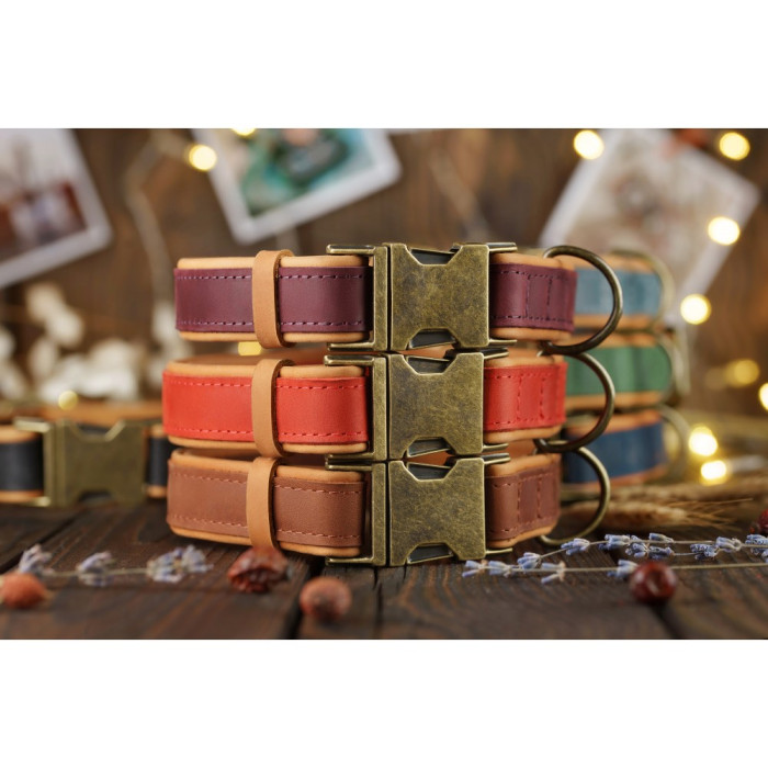 Ошейник для собак кожаный BronzeDog подклеенный Бордовый M 30-43 см