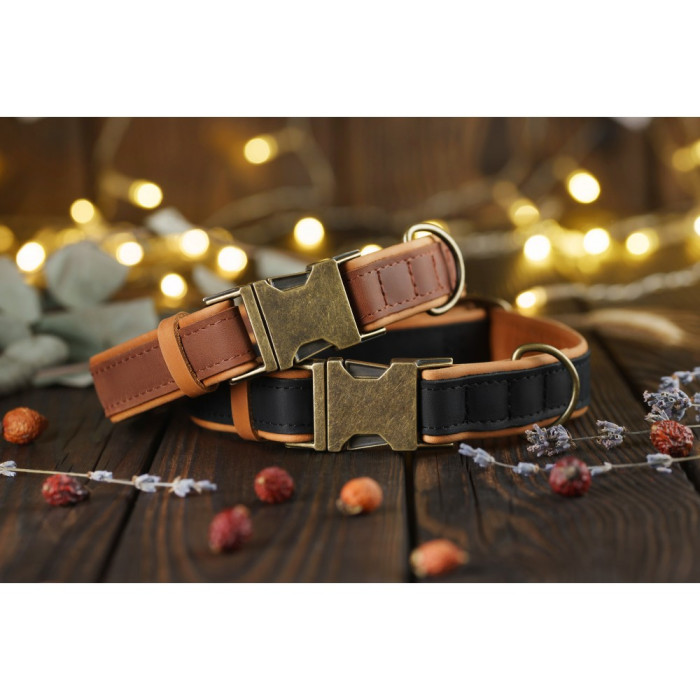 Ошейник для собак кожаный BronzeDog подклеенный Бордовый M 30-43 см